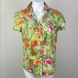 Short Sleeve Collared Button Down Green Tropical Floral Print